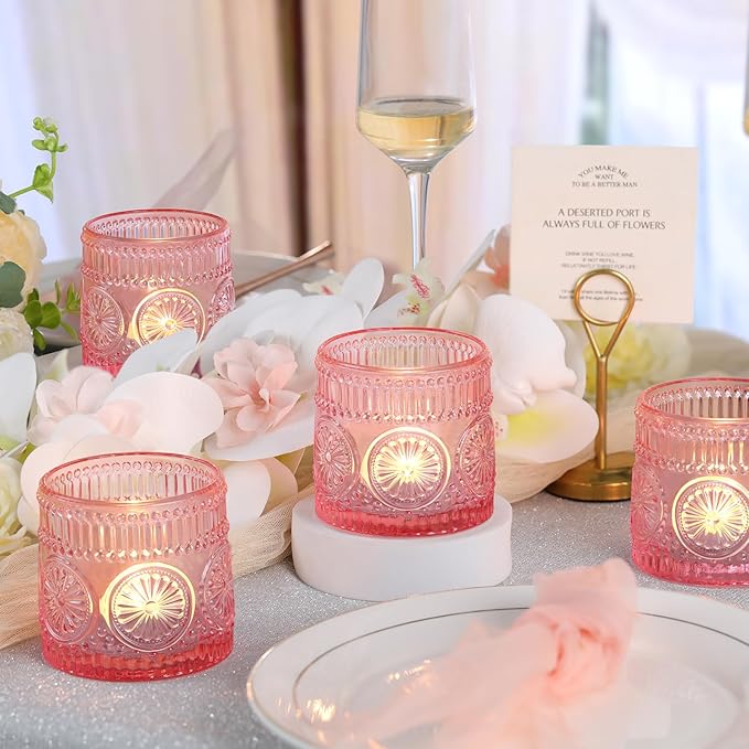 6Pcs Large Votive Candle Holders Pink Glass Tealight Candle Holders for Wedding, Table Centerpiece, Party, Birthday, Home Decor