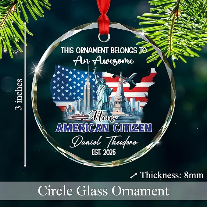 This Ornament Belongs to an Awesome New American Citizen Ornament, Personalized Citizenship Glass Christmas Ornaments Gifts for Family Friends, Custom Name USA American Citizen Xmas Decorations 2025
