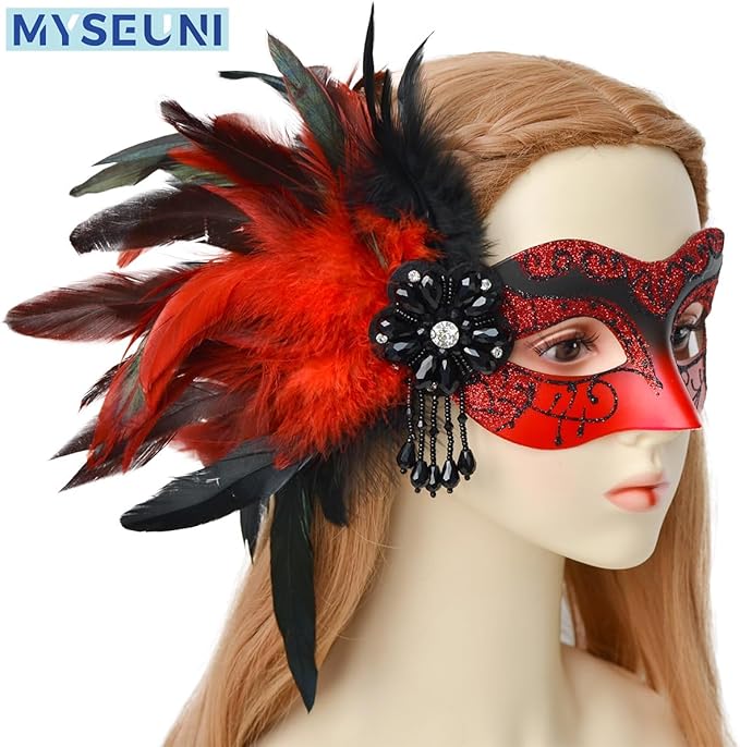 Red Masquerade Mask for Couple -Masquerade Masks Women with Feathers & Venetian Mask Men for Mascarade Party, Mardi Gras, Halloween Cosplay Prom, Christmas