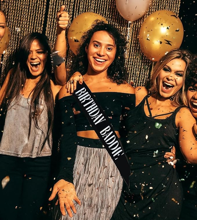 Birthday Sash, BIRTHDAY BADDIE Sash Birthday Sash for Women Girls Men Black Glitter Sash with Silver Foil Sparkly Scallion Decorations for Party Supplies
