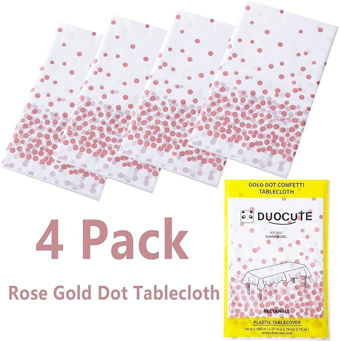 Rose Gold Dot and White Tablecloth 108"x54" for Parties Rectangle Table 4 Packs, Dot Confetti Rectangular Plastic Table Cover,Thanksgiving Christmas Wedding, Anniversary,Baby Shower, Birthday Party