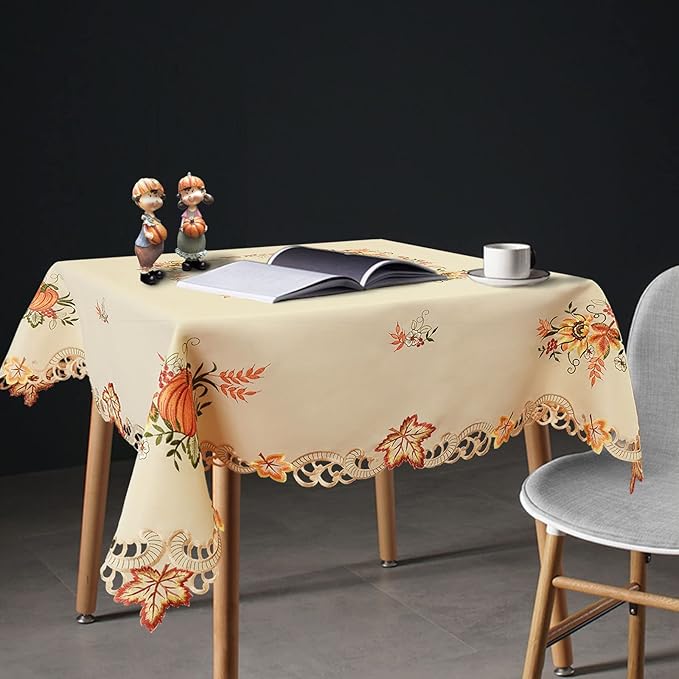 Simhomsen Embroidered Square Fall Autumn Harvest Pumpkins Tablecloth for Thanksgiving (Square 52 inches)