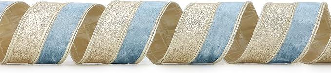 Dusty Blue Velvet Wired Christmas Ribbon 2.5 Inch Blue and Gold Glitter Holiday Ribbon – 10-Yards Roll for Tree Decorations, Gift Wrapping, Wreaths, and DIY Crafts