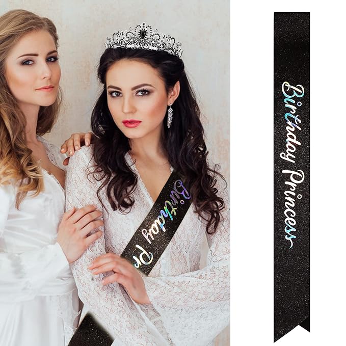 Velscrun Princess Crown, Tiaras for Girls, Black Birthday Princess Sash for Girls, Birthday Girl Crown, Birthday Accessories for Girls, Princess Birthday Decorations, Princess Birthday Party Supplies