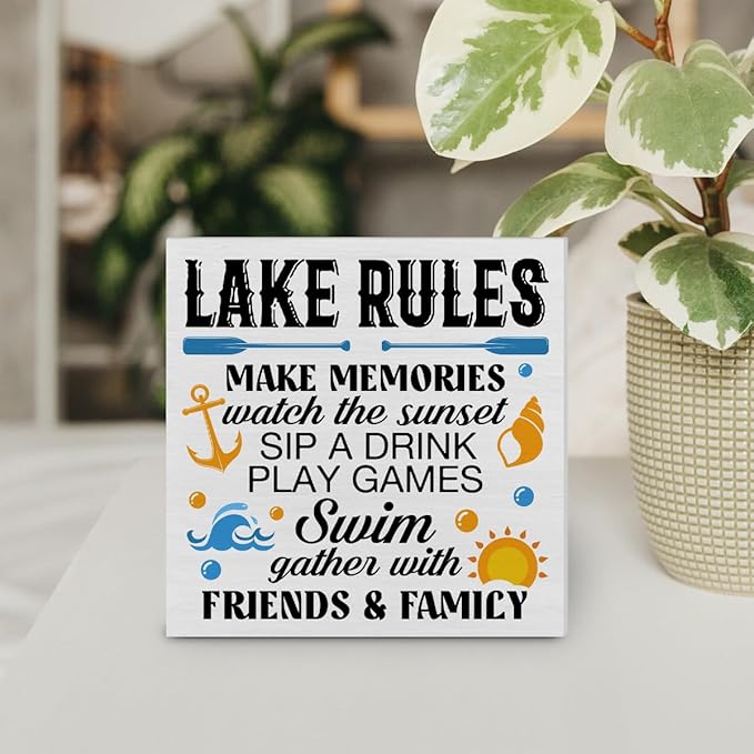Summer Lake Decor Lake House Wood Block Sign Lake Rules Decorations for Home Desk Table Shelf 5 x 5 Inches