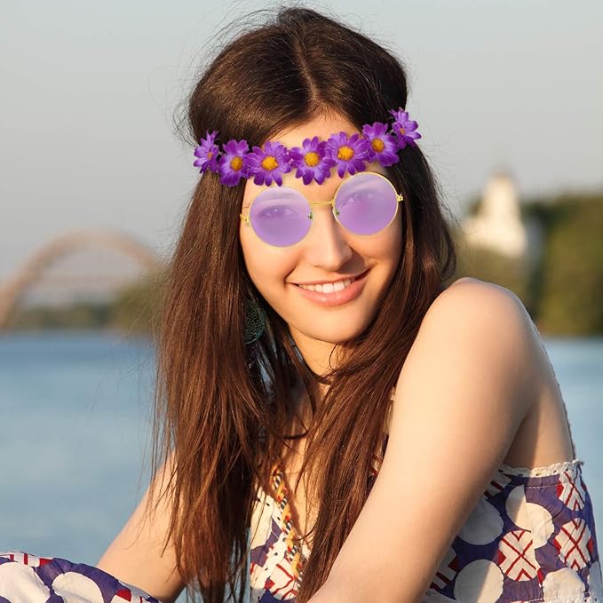 Wrestler 12 Pcs Hippie Costume Set for Women Includes 6 Multicolor Lady Daisy Flower Crown 6 Round Sunglasses for Disco