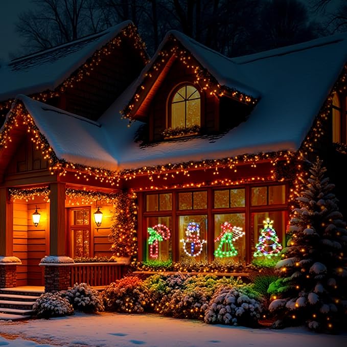 4 Pack Christmas Window Silhouette LED Lights Decorations, Angel, Xmas Trees, Candy Cane, Snow Man Christmas Window Light Decorations with 50 Bulbs for Holiday Wall Door Glass Decorations