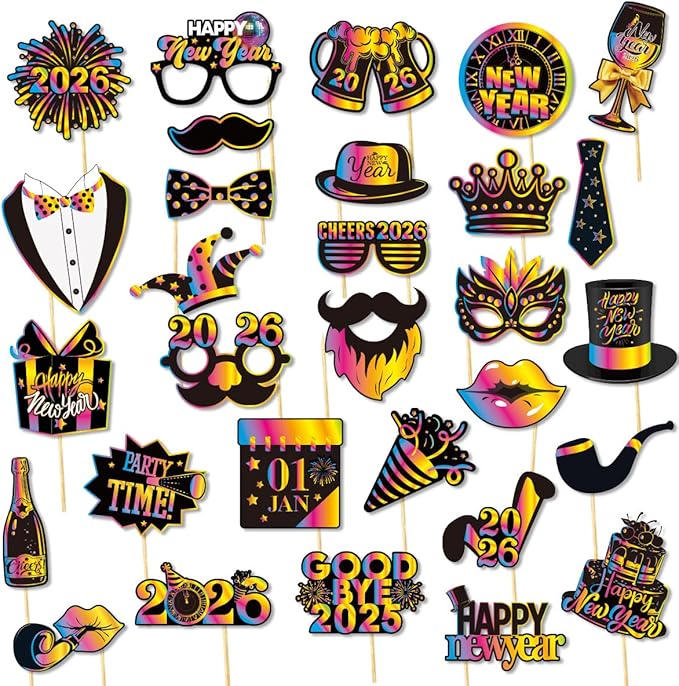 Glitter New Year’s Photo Booth Props 2026 - Pack of 30 | Eve 2026, Happy Decorations Party Supplies