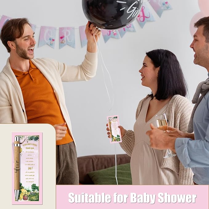 Toerifer Winnie Baby Shower Set: 30 Pcs, Bamboo Pens, Greeting Cards, Gender Reveal Souvenirs, Decor