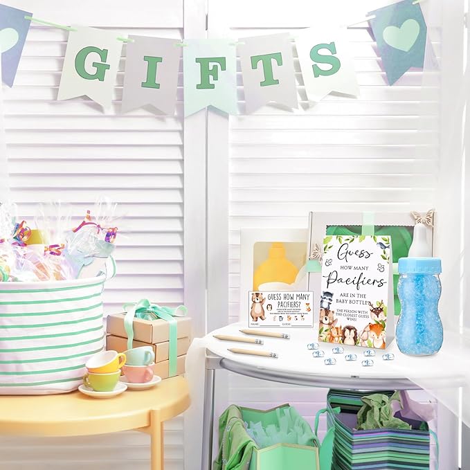 Roowest 512 Pcs Baby Shower Games Guess How Many Pacifiers Sign 100 Small Guessing Games 10 HB Pencils 750ml Milk Bottle 400 Acrylic Pacifiers Decoration for Guest Gender Reveal(Bright,Woodland)