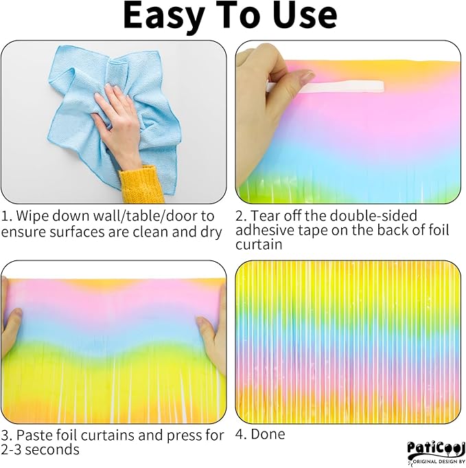 Pastel Rainbow Streamers - Thicken 4 Pack 3.2 x 8.2 FT - Pastel Rainbow Foil Fringe Curtains, Pastel Backdrop for Birthday, Baby Shower, Easter, Spring Party Decorations