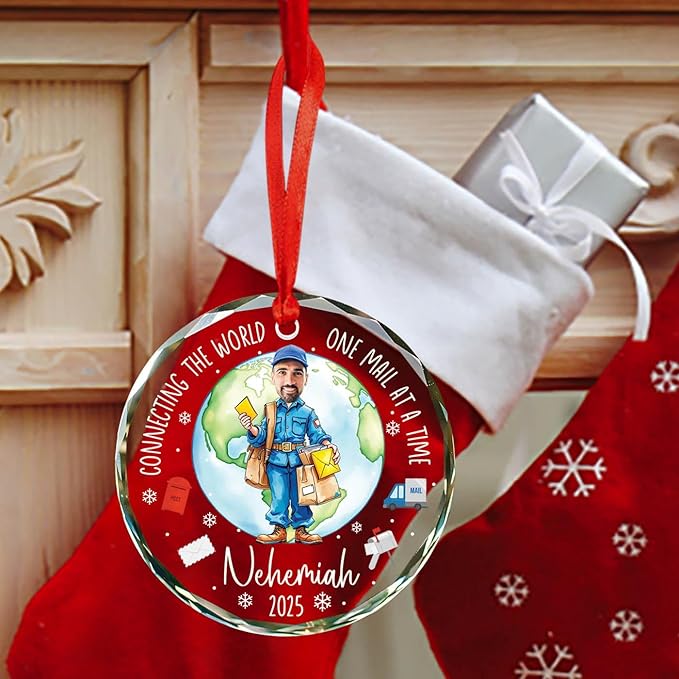 Personalized Photo Face Mailman Christmas Ornament 2025, Connecting The World One Mail at A Time Glass Ornament Gifts for Postal Worker, Custom Photo Name Mail Carrier Xmas Tree Hanging Ornaments