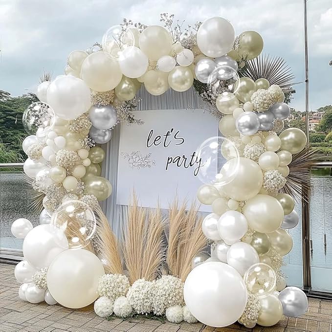 White Balloon Arch Double Stuffed Sand White Gold Pearl Bobo Balloons Light Gold Silver Latex Balloon Garland for Birthday Wedding Baby Shower Bridal Shower Baptism Party Decor