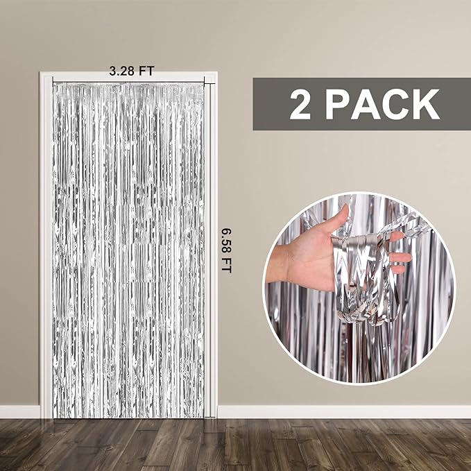 2 Pack Foil Curtain Backdrop Silver Metallic Tinsel Foil Fringe Curtains Photo Booth Props for Birthday Wedding Engagement Baby Shower Bachelorette Christmas Holiday Celebration Party Decorations