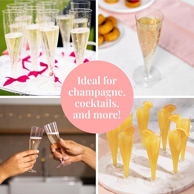 Prestee 200 Disposable Champagne Flutes Gold Glitter Glasses - 4.5 Oz Plastic Champagne Cups for Parties, Wedding Toasts, Mimosa Bar, and New Year’s Eve - Elegant Bulk Gold Plastic Wine Flutes