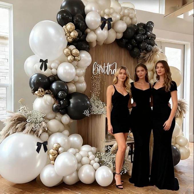 Black White Balloon Arch, Double Stuffed Pearl White Black Bow Balloon Garland Cream Ivory Sand Latex Balloons for Birthday Wedding Bridal Shower Engagement Halloween New Year Party Decorations