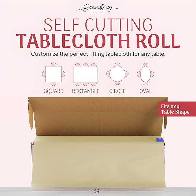 Grandipity Plastic Tablecloth Roll - 54in x 100 Ft. Beige Plastic Table Cloths for Parties Disposable with Cutter Box - Cut to Size Disposable Tablecloth Table Cover for Rectangle & Round