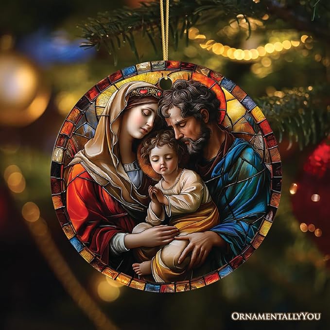 The Holy Embrace Stained Glass Themed Ceramic Ornament, Birth of Jesus Nativity Scene with Joseph and Mary