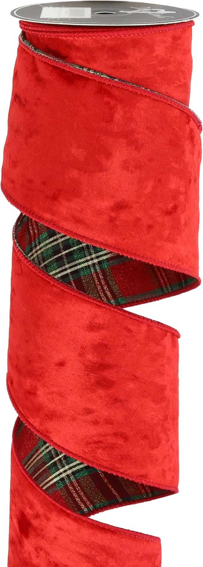 MAYREEL Red Crushed Velvet Wired Ribbon 4 Inch Thick Luxurious Reversible Tartan Christmas Ribbon with Plaid Back for Tree Decorations, Garlands, Wreaths, Gift Wrapping and Holiday Crafts - 10 Yards