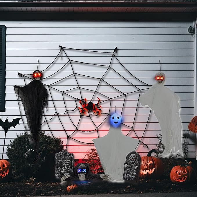 VINGLI Halloween Hanging Decorations, Flying Skeleton Reapers Ghosts, Spiders & Spider Webs, Tombstones with RIP Sign, with Lighted Up Eyes, 8 Pack for Indoor Haunted House Party Outdoor Graves Garden