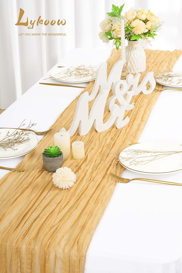 10 Packs Cheesecloth Table Runner Gold, 10Ft x 35" Sand Gauze Boho Wedding Table Runner Decoration, Wedding Table Decor Table Cloth for Wedding Party Bridal Shower Table