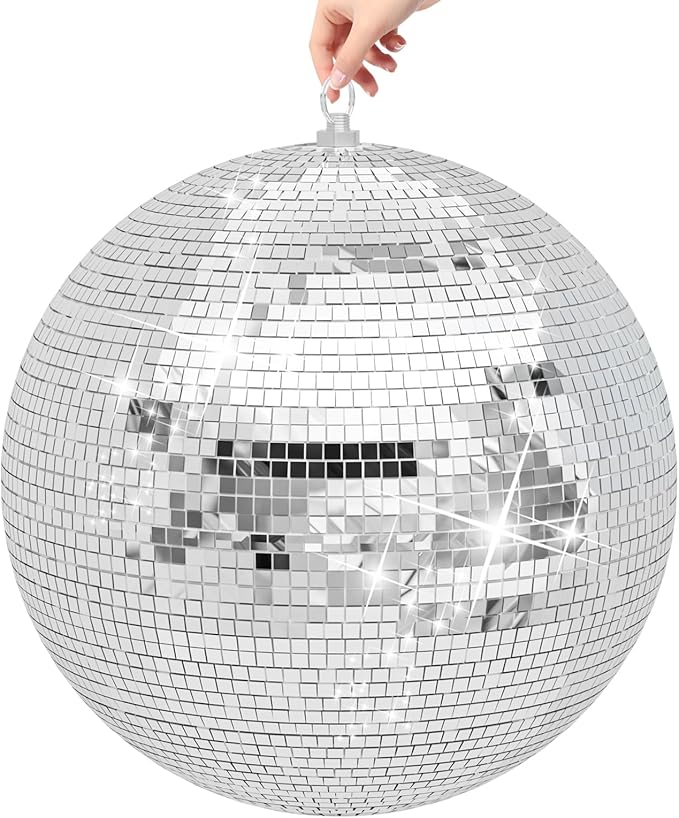 12/16/20 Large Disco Ball,Silver Hanging Party Mirror Ball with Hanging Disco Balls for DJ Club,Mirrorball with Reflective GlassParty, Wedding Decoration, Disco Ball Decor (Silver 12IN)