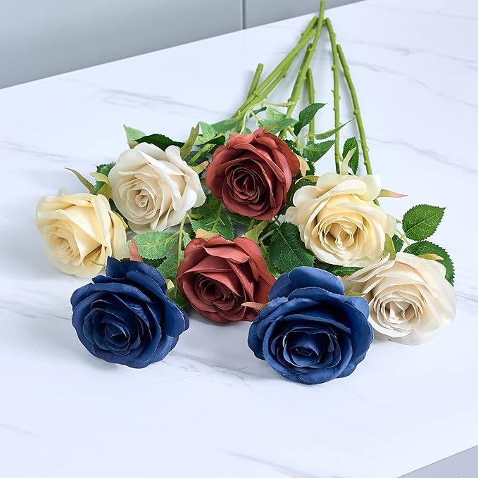12pcs Roses Artificial Flowers Fake Roses Navy Blue Silk Roses Navy Silk Flowers Rose with Long Stems for Wedding Home Party Centerpieces Decorations