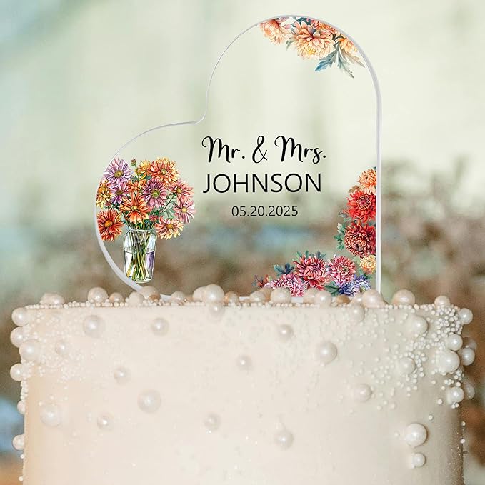 Custom Wedding Heart Acrylic Plaque,Mr & Mrs Cake Topper,Personalized Wedding Keepsake/Gift/Sign (Style 6)
