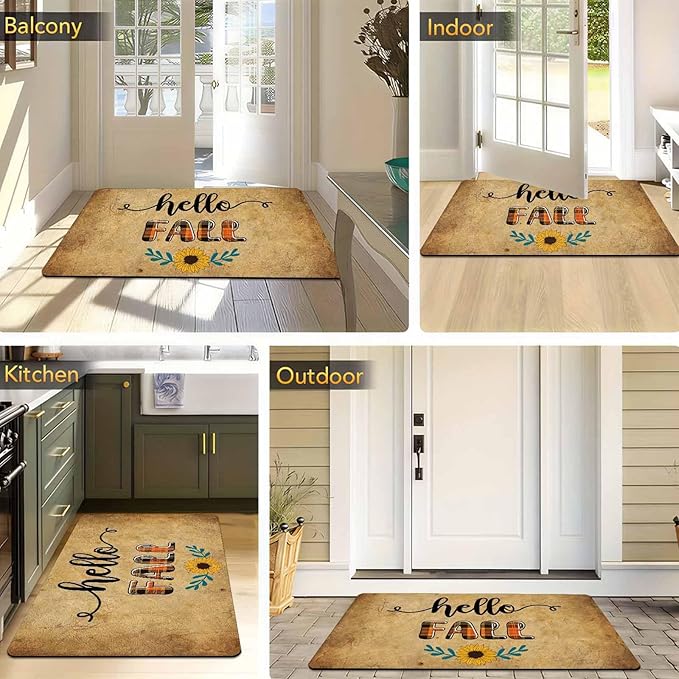 Hello Fall Doormat Thanksgiving Welcome Mat for Front Door Autumn Doormat Floor Mats Indoor Outdoor Home Living Room Kitchen Thanksgiving Decoration, 24"x16"inch