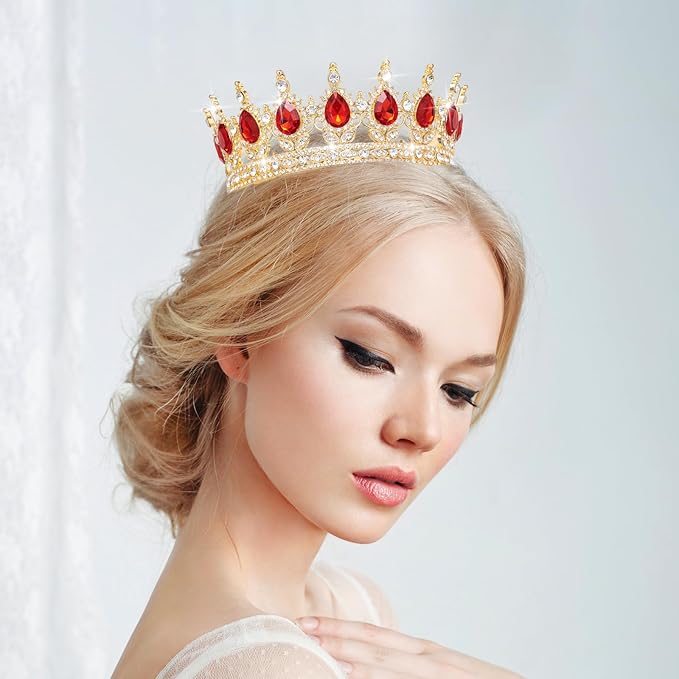 Queen Crown Rhinestone Wedding Crowns and Tiaras for Women Costume Party Hair Accessories Princess Birthday Crown Crystal Bridal Crown (Gold & Red Crown)