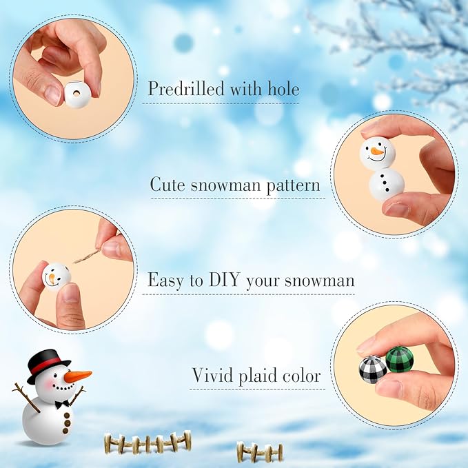 Landical 180 Piece DIY Christmas Snowman Wooden Bead Crafts Christmas DIY Ornaments Buffalo Plaid Wood Round Bead Xmas Print Wooden Beads with Twine Scarf for Crafts (Fresh Colors)