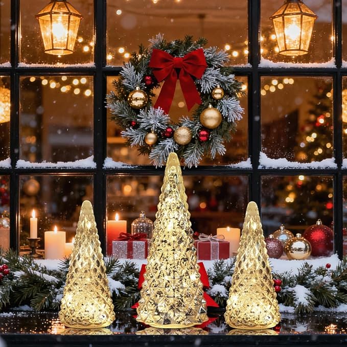 Christmas Decorations Indoor, YEAHOME Set of 3 Pre-lit Gold Glass Christmas Tree for Home Decor, Christmas Table Decorations Lighted Xmas Tree with Timer for Living Room Mantel Tabletop Party