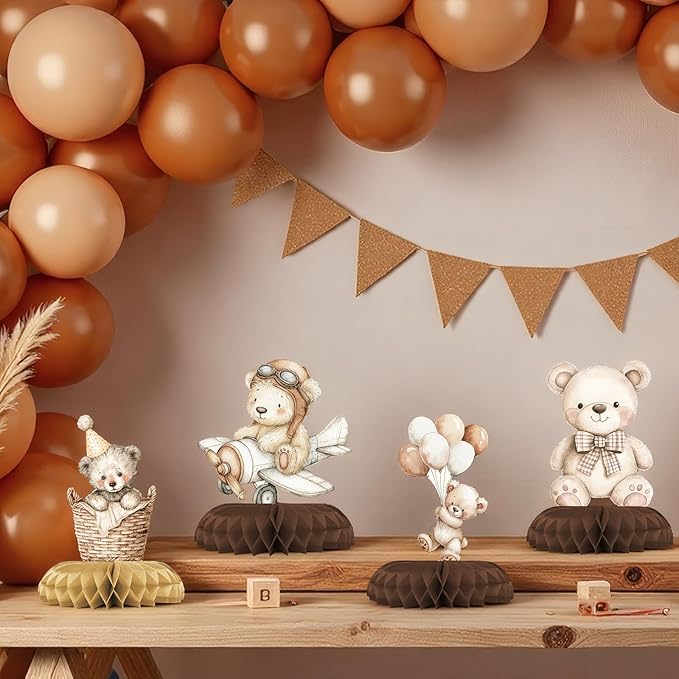 We Can Bearly Wait Baby Shower Centerpieces – 12 PCS Boho Teddy Bear Honeycomb Table Decorations, Brown & Beige Decor for Gender Neutral Teddy Bear Baby Shower