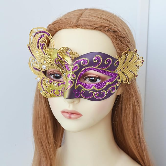 2025 New Purple Masquerade Mask for Women-Peacock Metal Filigree Venetian Mask- Butterfly Mascarade Mask for Women -Perfect for Mardi Gras, Halloween Parties, Costume Party, Carnivals, Wedding