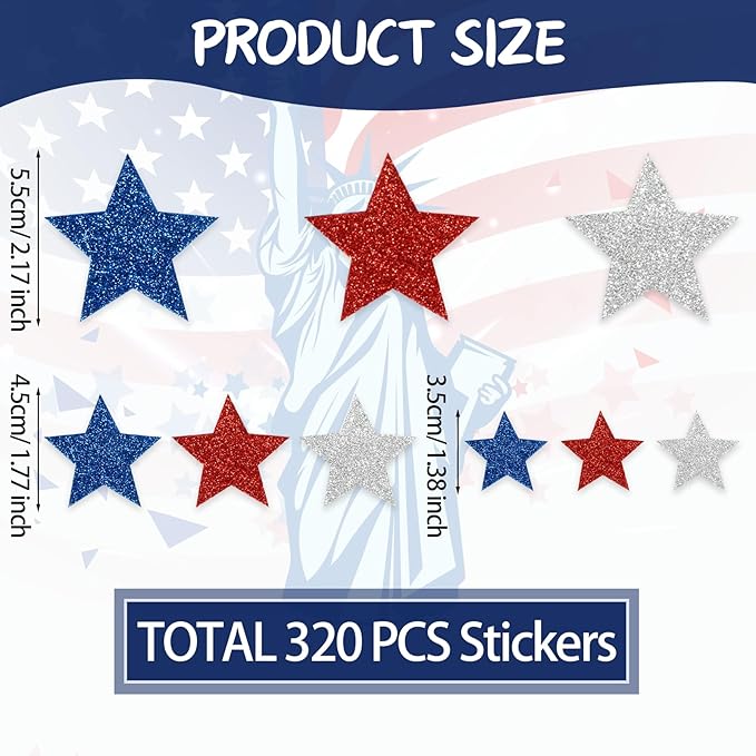 320Pcs Patriotic Foam Stars Stickers, 4th of July Foam Star Shaped Stickers Glitter Star Sticker Red White and Blue Stars Sticker for Home Office School Classroom DIY Art Craft Party Supplies