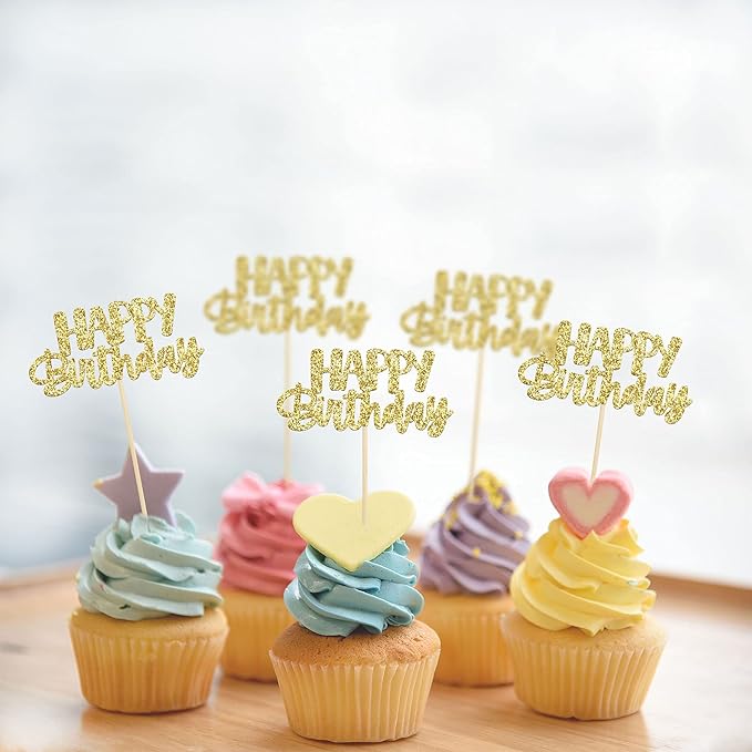 Gyufise 24 Pcs Happy Birthday Cupcake Toppers - Gold Glitter Celebrating Cake Picks - Baby Shower & Kids Party Decoration Supplies