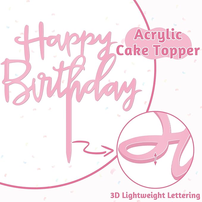 1 PCS Happy Birthday Cake Topper, 4.7 Inches x 5.5 Inches Acrylic Cake Topper, Pink Crisp Lettering Birthday Cake Decorations for Kids, Adults, Dessert, Birthdays Party, Table, Photo Booth