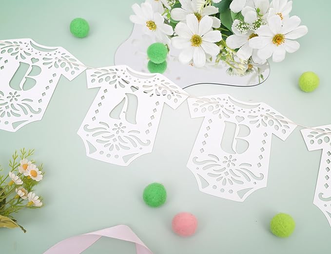 Lace Bodysuit Baby Shower Banner - Papel Picado Gender Reveal Party Decor, Baby Bodysuit Onesie Banner