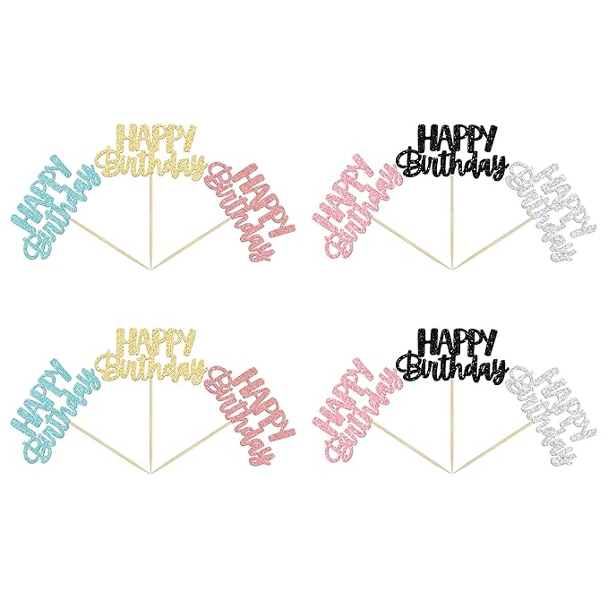 Gyufise 24Pcs Happy Birthday Cupcake Toppers Glitter Birthday Cupcake Food Picks for Celebrating Happy Birthday Party Cake Decorations Supplies Six Colors