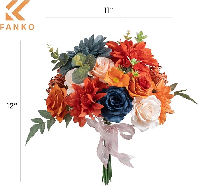 FANKO Rose Artificial Flowers Combo for DIY, Fake Burnt Orange & Navy Blue Rose Silk Flowers Greenery, Faux Flowers for Wedding Bridal Bouquet, Table Centerpieces, Floral Arrangement, Home Decoration