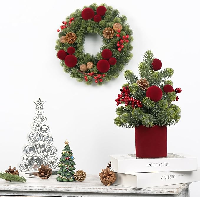 Small Christmas Tree, 12Inch Artificial Burgundy Velvet Ball Berry Mini Tabletop Christmas Decorations, for Home Party Thankgivings Xmas Indoor Decor.