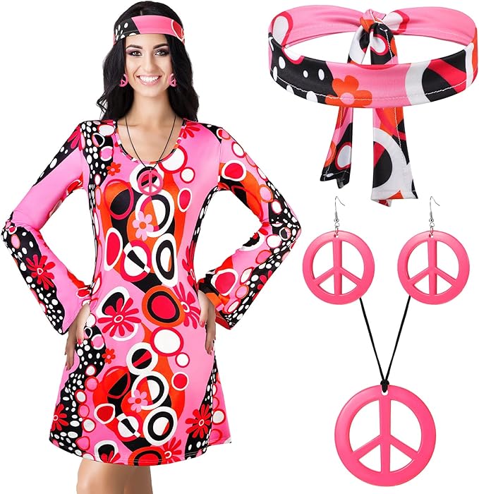 Haysandy 70s 60s Hippie Costume Set Women Disco Outfit Accessories for Halloween Carnival Earrings Necklace Headband