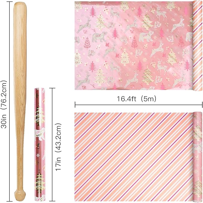 RUSPEPA Christmas Reversible Wrapping Paper Roll for Girls, Jumbo Roll, Rose Gold Foil Reindeer, Polar Bear, Tree, Floral Design, Pink White Stripes Gift Wrap for Holiday Gifts, 30 Inches x 32.8 Feet