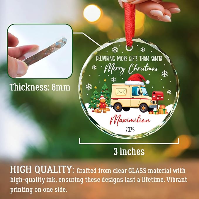 2025 Personalized Mail Carrier Christmas Glass Ornament, Delivering More Gifts Than Santa Merry Christmas Ornament Gift for Postal Worker, Custom Name & Year Mailman Ornaments Xmas Tree Decor