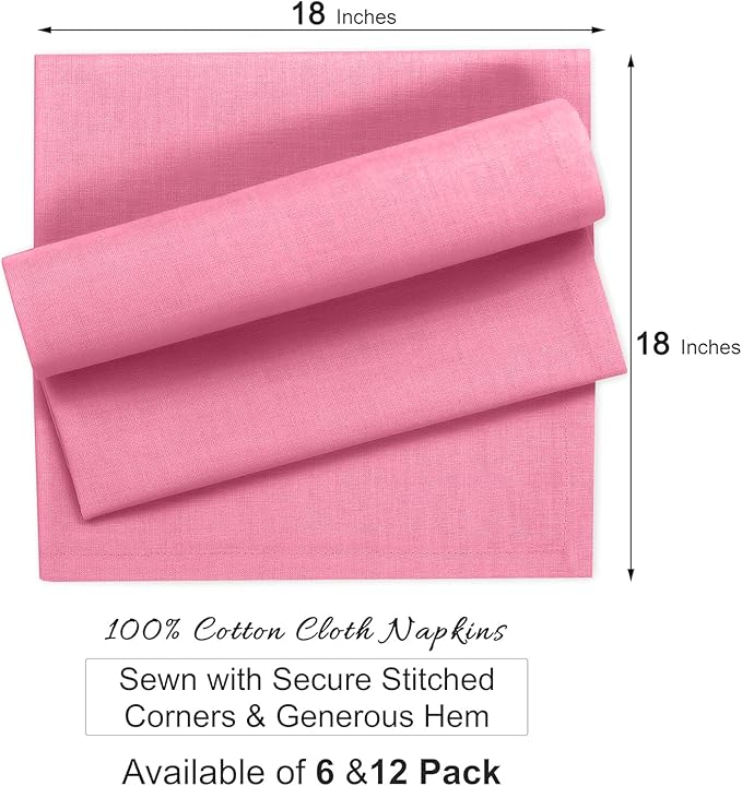 Ruvanti Premium Cloth Napkins Set of 6, 18x18 Inches, 100% Cotton, Washable, Soft & Absorbent, Perfect for Wedding, Christmas, Thanksgiving Dinners - Pink