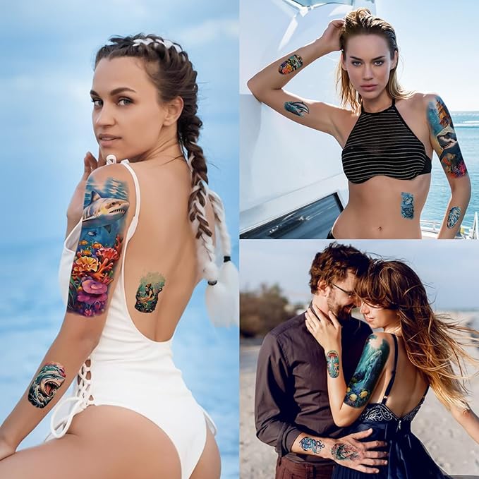 77 Sheets Temporary Tattoo for Women and Men, 17 Sheets Half Arm Shark Dolphin Jellyfish Turtle Fish Fake Tattoos, 60 Sheets Beach Ocean Tiny for Adults Kids Body Tattoos Stickers Waterproof Realistic