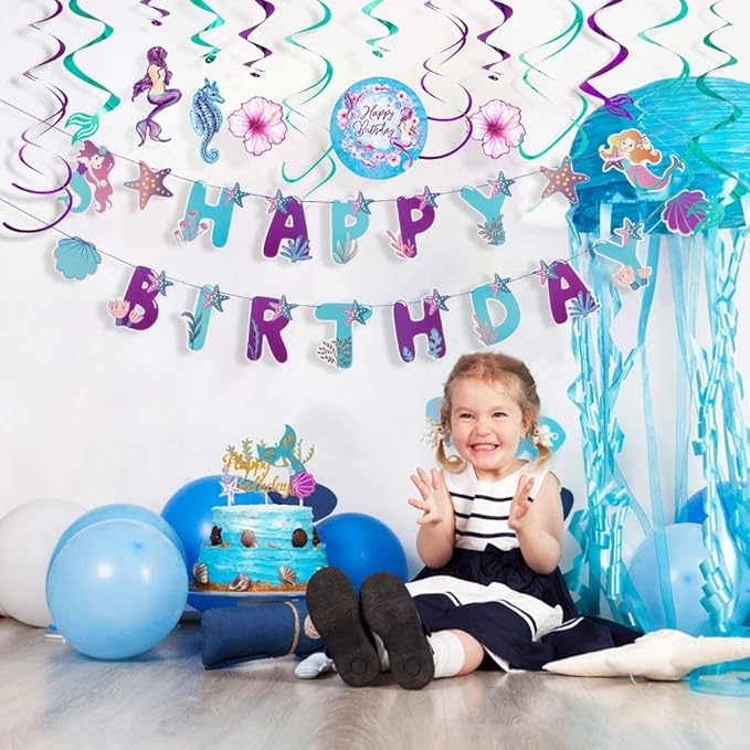 SUNBEAUTY Mermaid Happy Birthday Banner Little Mermaid Theme Birthday Decorations for Girls Ocean Theme Party Supplies for Baby Shower | Pre-Strung