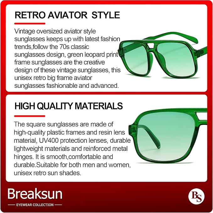 Retro Aviator Sunglasses for Women Men Trendy Classic 70s Square Green Aviator Sun Glasses Vintage Shades