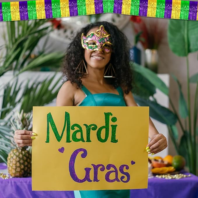 6 Pack 10 Feet Mardi Gras Foil Fringe Garland Metallic Tinsel Streamers Banner Wall Hanging Backdrop for Parade Floats, Birthday, Carnival Party Decorations(Gold Green Purple)