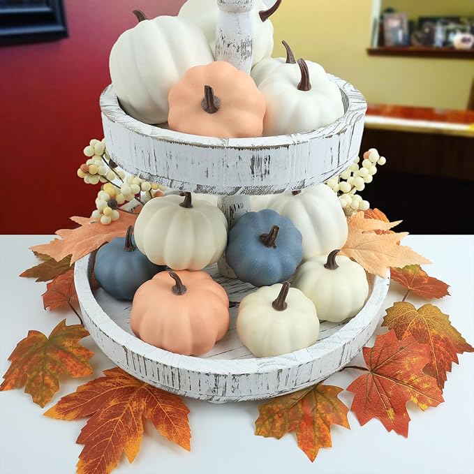 Artgar Fall Pumpkin Decor - Fake Foam Pumpkins - 11 PCS Mini Pumpkins with Maple Leaves Berries for Fall Halloween Thanksgiving Home Mantelpiece Table Tray Decoration